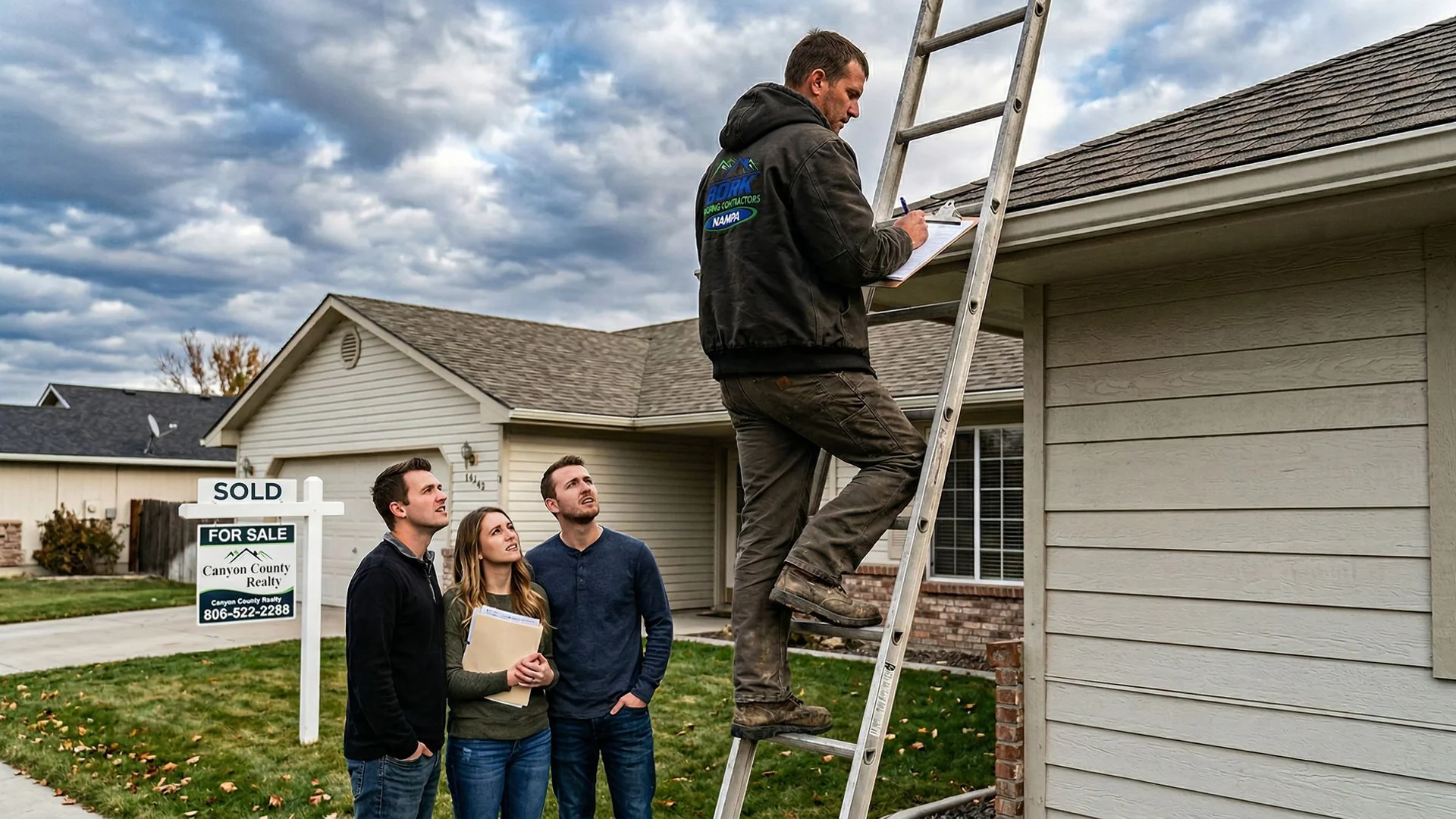 Roofer performing pre-purchase roof inspection on Nampa Idaho home