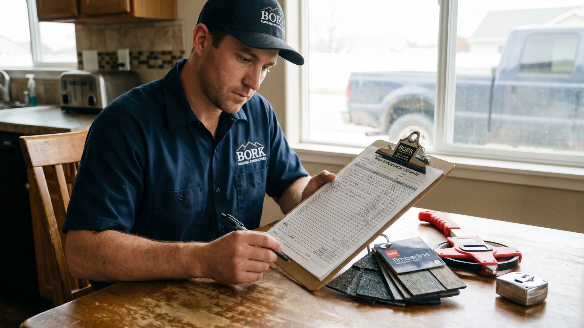 Roof replacement cost estimate clipboard with shingle samples