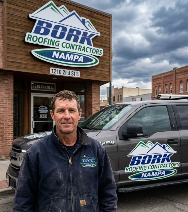 Damon Bork, founder of Bork Nampa Roofing Contractors, in front of the downtown Nampa shop