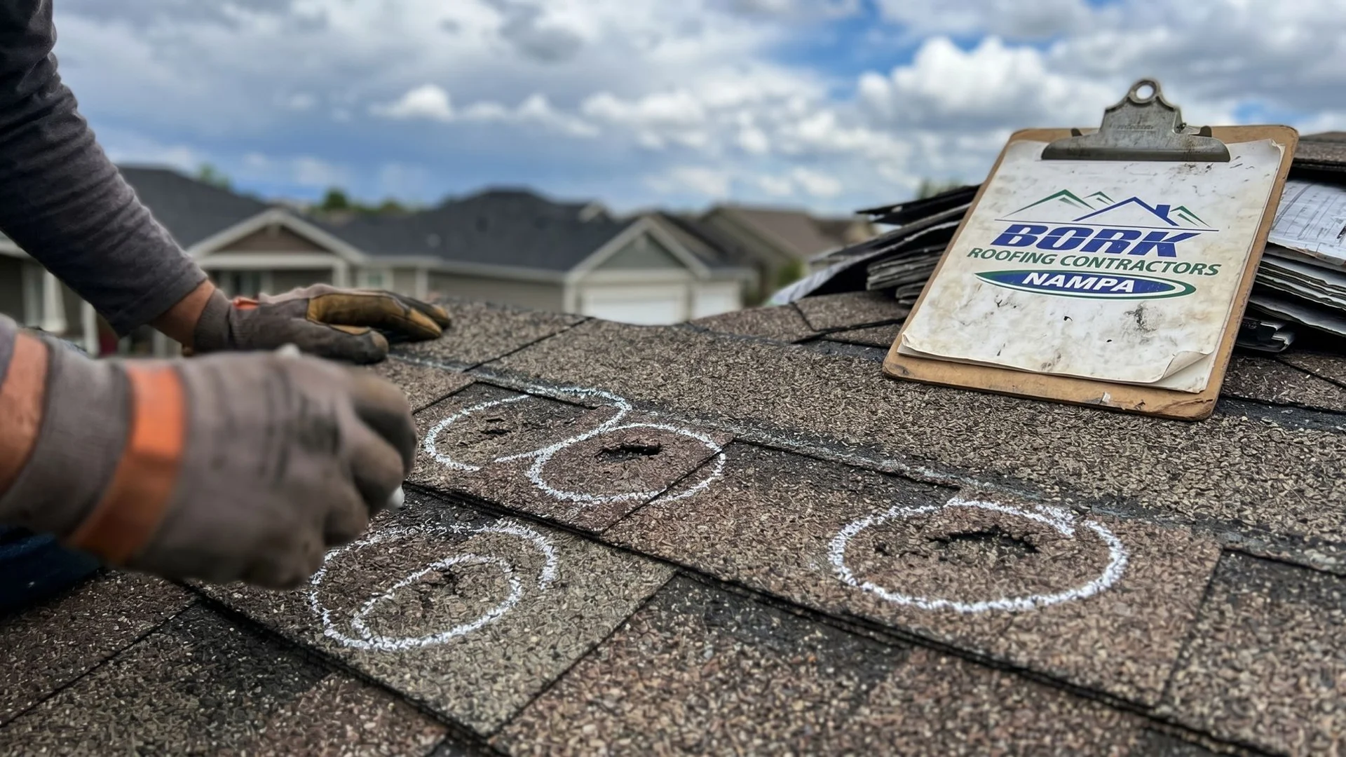 Hail damage marks on architectural asphalt shingles