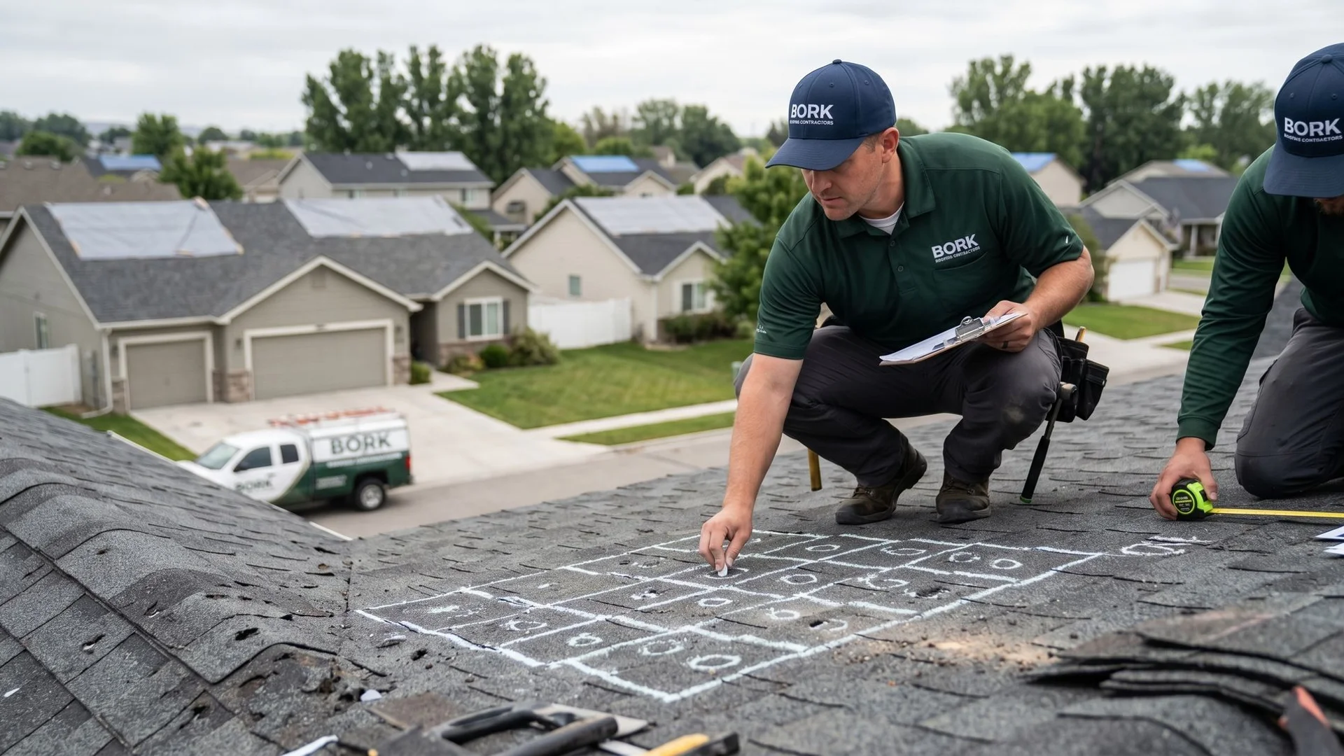 Insurance adjuster inspecting hail damage with chalk-marked test square